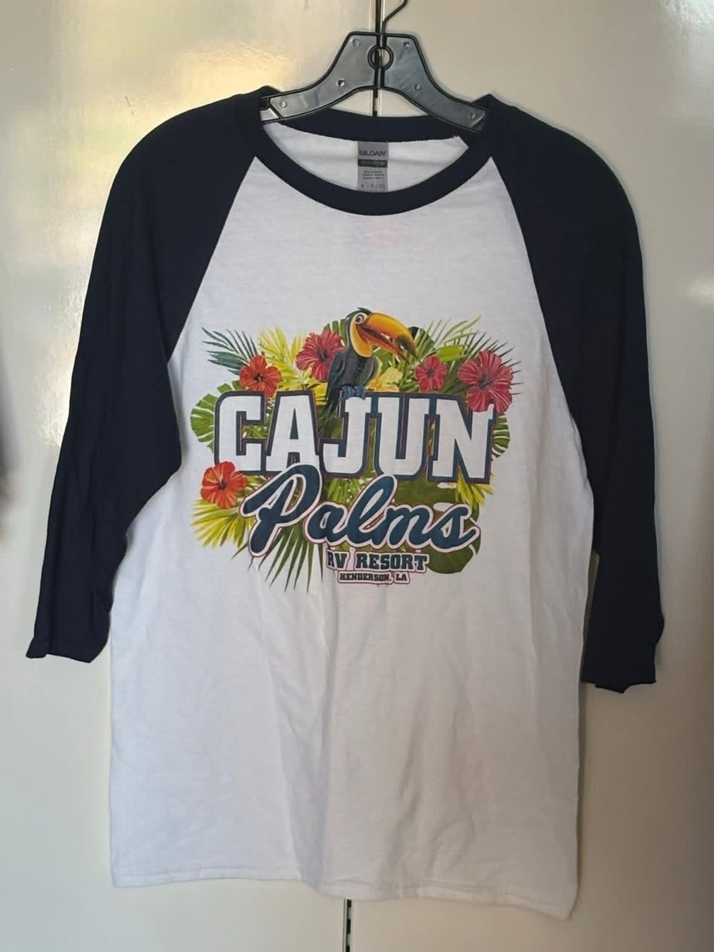 Gildan White & Navy Raglan Tee with Tropical Cajun Palms Graphic